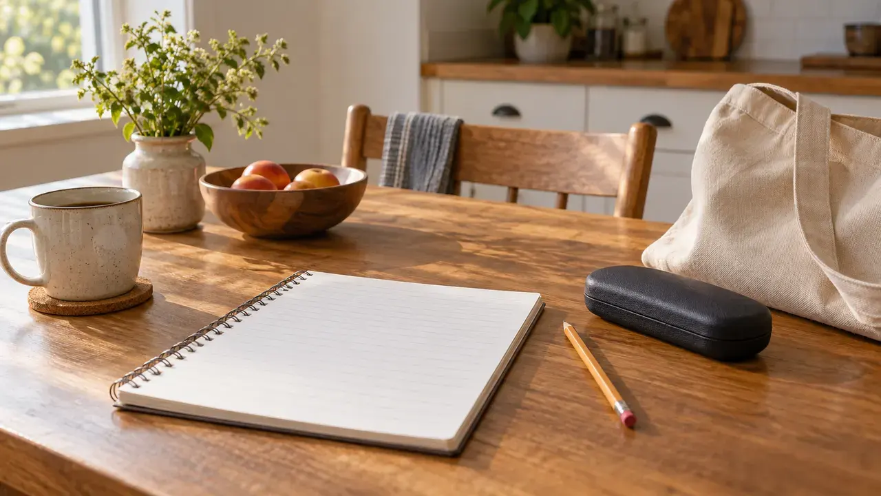 Illustration of a blank notebook, pencil, glasses case and canvas bag before a class